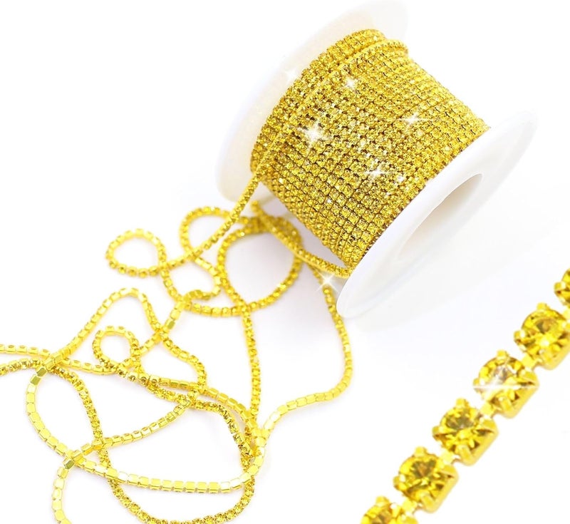 PEARLY JUN 10 Yards Yellow Rhinestone Chain Citrine Rhinestone Trim Crystal Artificial Stone Trim Cup Chain SS6 2mm Color Plated Cup Stitch Costume Decoration - Image 1